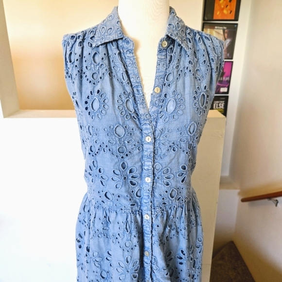 🏷️ANTHROPOLOGIE KYLA SEO Caite Palma Eyelet Midi Dress in Bluestone Size S/M - Picture 3 of 14